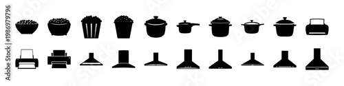 Foto Cooking pot icons silhouettes kitchen cookware symbol set - Collection of black