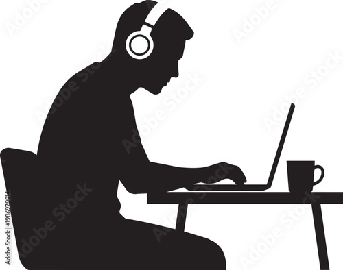 Person wearing headphones working on a laptop at a table with a cup of coffee isolated on transparent background, Vector