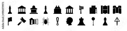 Foto Mixed silhouette icons set buildings tools chess symbols
 - Collection of black