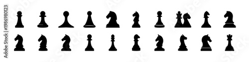Chess pieces silhouettes set classic board game symbols
 - Black silhouette collection of chess pieces in various positions, representing strategy, competition, and classic board game elements for des
