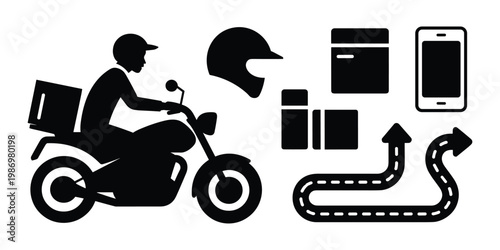 Delivery service icons motorcycle helmet phone and route silhouette style