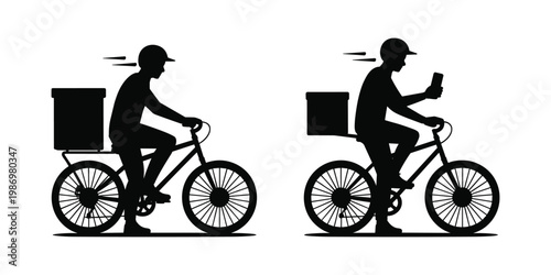 Bicycle delivery silhouette courier on a bike with packages two poses