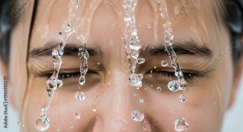 Close-up of a person’s face with water splashing on it, conveying a sense of freshness and rejuvenation