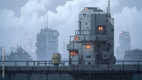 Exploring a Futuristic Urban Landscape: A Vision of Modern Architecture Amid Misty Skyscrapers and Technological Elements