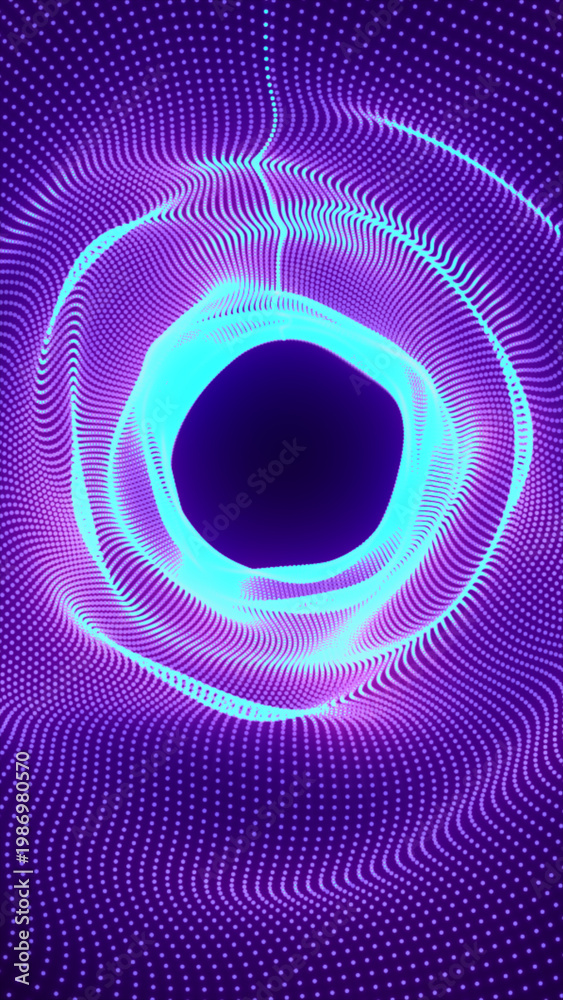 Fototapeta premium Bright cyan ring surrounded by flowing purple dotted waves, forming a futuristic abstract portal with digital depth and motion