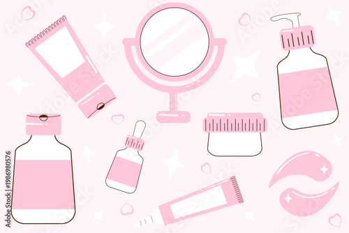 Charming set of skincare and beauty icons in a pink and white palette, featuring a vanity mirror, eye patches, dropper bottles, and cream tubes decorated with heart and star accents.