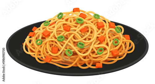 A savory mound of freshly cooked stir-fried noodles, generously tossed with bright diced carrots and sliced green scallions, is elegantly presented on a sleek black platter against a white background