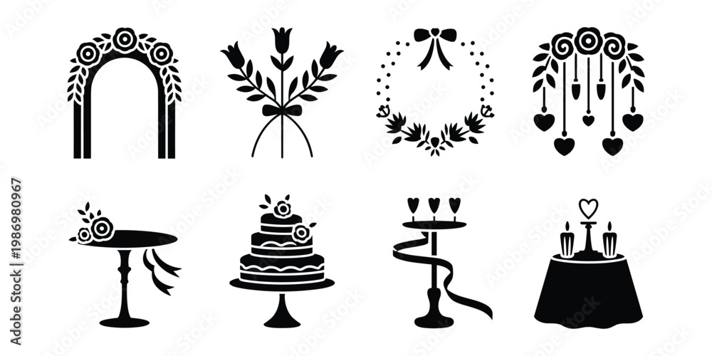 Naklejka premium Black silhouette wedding decoration set arches cakes and candle holders