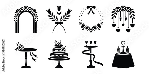 Black silhouette wedding decoration set arches cakes and candle holders