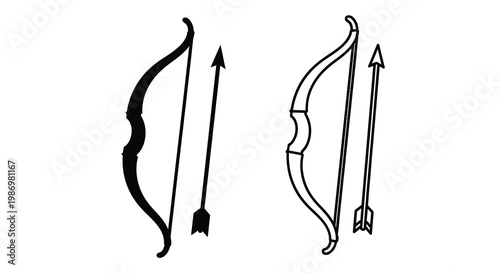 A pair of black and white illustrations depicting traditional bows and arrows