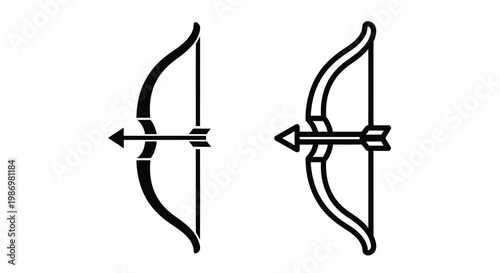 Two black and white illustrations of traditional bows with arrows drawn back