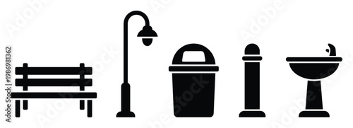 Collection of essential public park and street furniture symbols for city planning and outdoor landscape graphic representations
