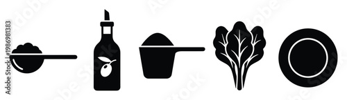 Black silhouette icons depicting essential cooking ingredients and kitchen tools for healthy recipe guides