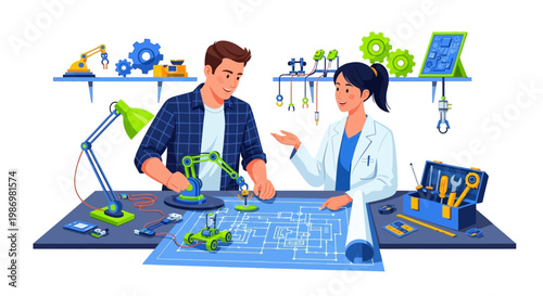 A team of engineers, a man and a woman, collaborate on a complex engineering blueprint in their workshop, carefully studying the detailed structure and vector illustration with a focused