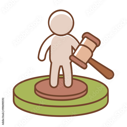 3d illustration of a blue plastic baby figure dummy acting as a judge with a gavel and hammer symbol for an office business law concept cartoon icon
