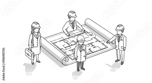 Isometric illustration of a construction team reviewing an engineering blueprint document, with the workers standing around the paper, rendered in a clean, minimalist style against a white