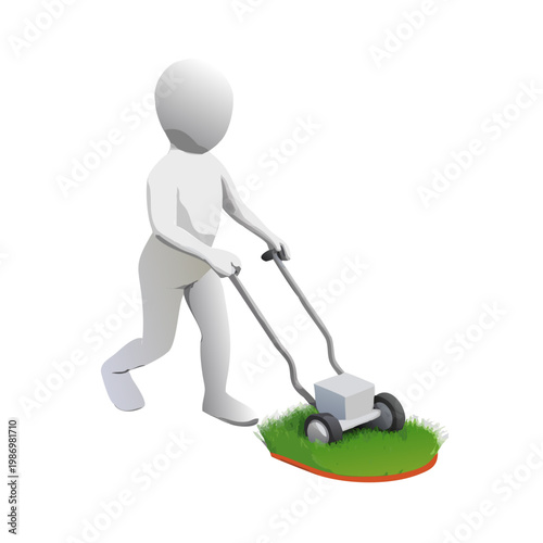 A 3d businessman works at home using a professional lawnmower to clean the household lawn while a worker uses vacuum equipment for indoor floor cleaning housework