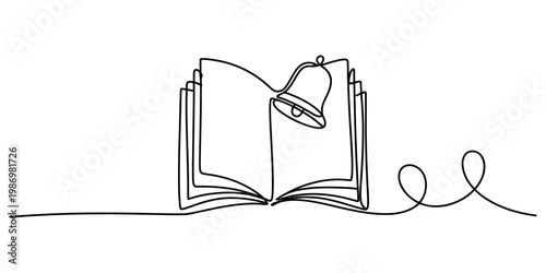 Continuous line drawing of an open book with a school bell on its pages for education