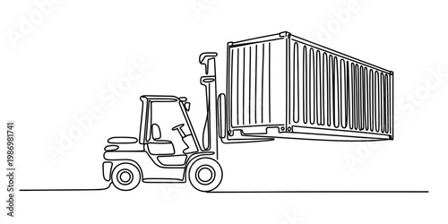 Continuous line drawing of a forklift lifting a large metal cargo shipping container.