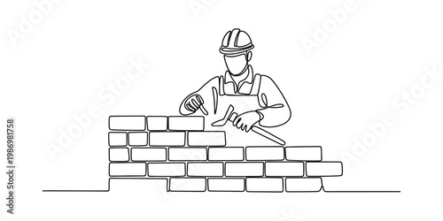 Continuous line drawing of a professional builder wearing a hard hat and building a brick wall.
