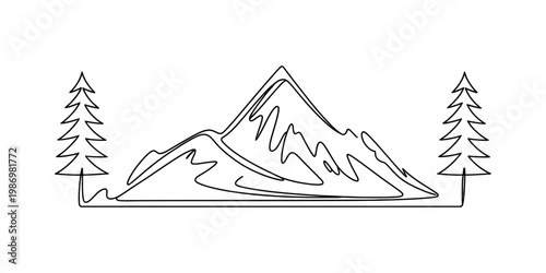 Minimalist continuous line drawing of mountain peaks and pine trees on white background