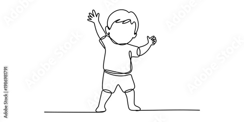 Continuous line drawing of a small boy standing with one arm raised high in the air.
