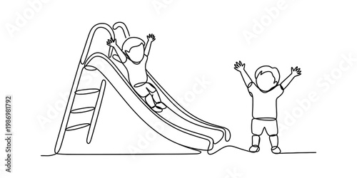 Continuous line drawing of happy children playing on a slide at the playground