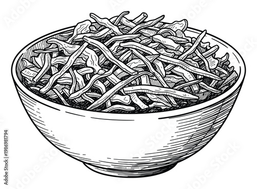 Hand drawn black and white illustration of shredded vegetables in a bowl perfect for food blogs recipe books or restaurant menus