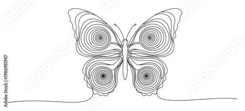 Fluid line butterfly with detailed spiral wings suitable for modern branding, logos, and print media projects.