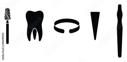 Professional dental equipment silhouettes including a burr tooth band wedge and instrument for medical healthcare clinic concepts