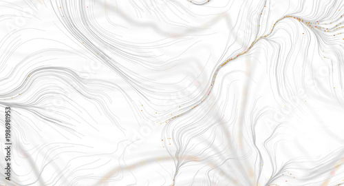 Abstract design of flowing lines and golden dots on a white background, creating a sense