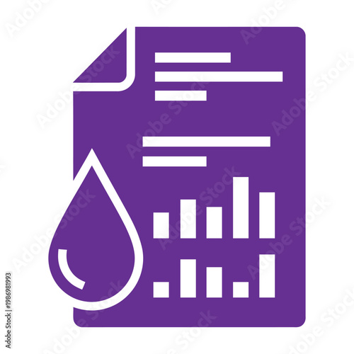 Purple document with chart and water drop vector illustration symbolizing data analysis, reports, or liquid metrics.