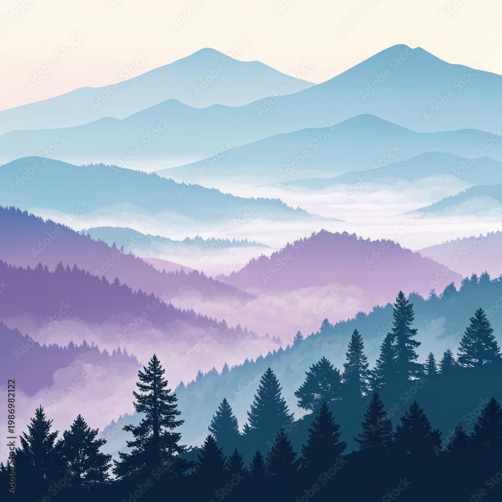 Obraz premium Mountain range layered in purple and blue mist with soft gradient lighting for serene landscape backgrounds.