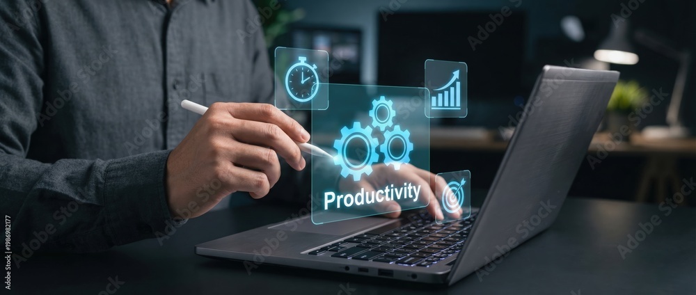 Fototapeta premium Enhancing productivity through technology a business professional's perspective on innovative solutions in a modern office environment