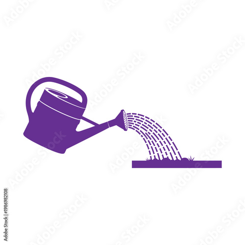 Purple watering can pouring water onto dry ground representing irrigation and plant care concept.