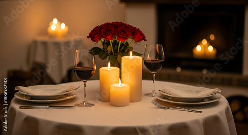 Romantic Dinner Setting with Red Roses, Candles, and Wine Glasses on a Table
