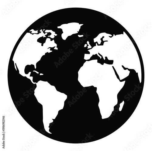 Simple black and white globe graphic depicting Earths continents, ideal for global communication and geographic education applications.