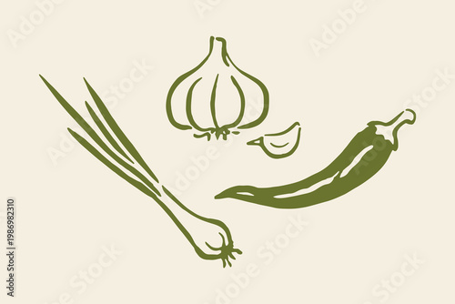 Garlic chili green onion naive doodle vector illustration