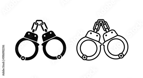 Black and white illustration depicting a pair of closed and open handcuffs