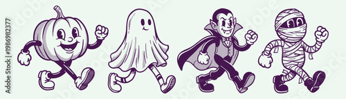 Retro mascot cartoon characters, groovy cartoons vintage rubber hose style. Vector illustration collection pack set of retro groovy cartoon character. 