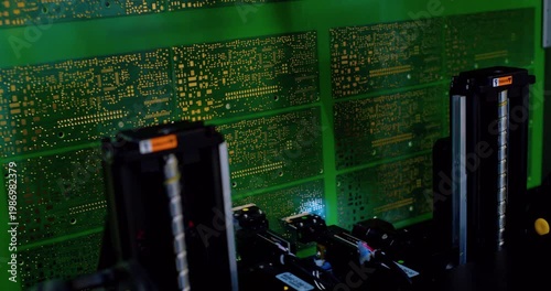 Modern production. Automated high-precision board manufacturing machine Produces printed digital electronic boards. Automatic assembly of smd components. Electronic chip production close-up.