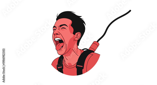 Man With Open Mouth And Tongue Sticking Out Wearing Backpack