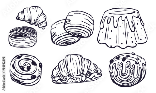 Flat contour illustration of sweet bakery and dessert set. Hand drawn line art collection with croissants, puddings and pastry rolls for food cafe menu, bread shop project or kitchen design. Isolated
