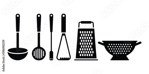 Kitchen Utensils Silhouette Set Black Cooking Tools Icons Including Spatula Whisk Grater and Colander