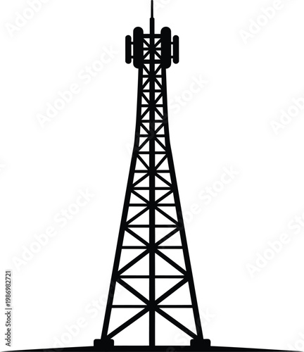 Telecommunication cell tower silhouette for wireless radio network signal vector illustration