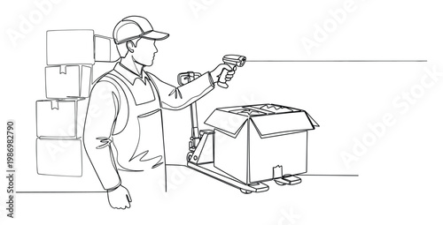 Warehouse worker scanning package with barcode reader on pallet jack for efficient logistics and inventory management