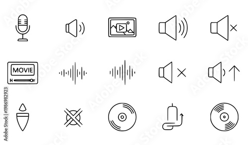 music icons set Multimedia line icon set microphone mute video gallery volume controls cd vinyl outline vector editable stroke