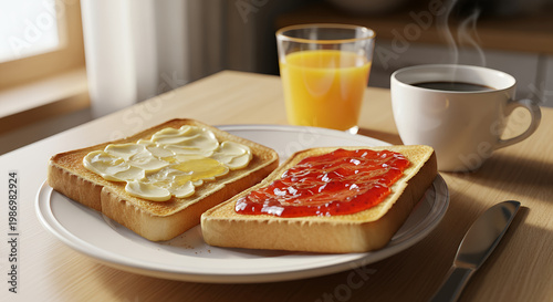 A delicious breakfast spread featuring toast with butter and jam, accompanied by a glass of orange juice and a steaming cup of coffee on a wooden table
