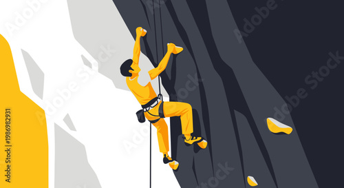 Minimalist Climber Ascending Rocky Outcrop Against Stark Background