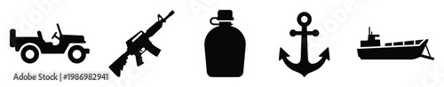 Essential military and maritime equipment icons for defense, transportation, and adventurethemed projects